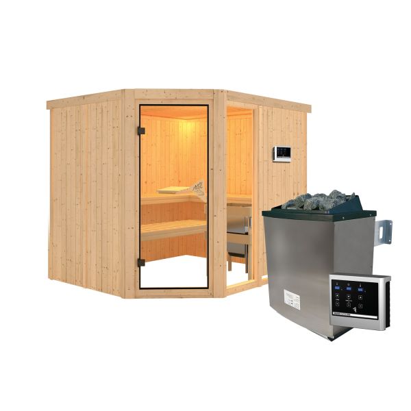 Karibu Sauna Varberg Premium 3 naturbelassen mit Ofen 9 kW ext. Strg.