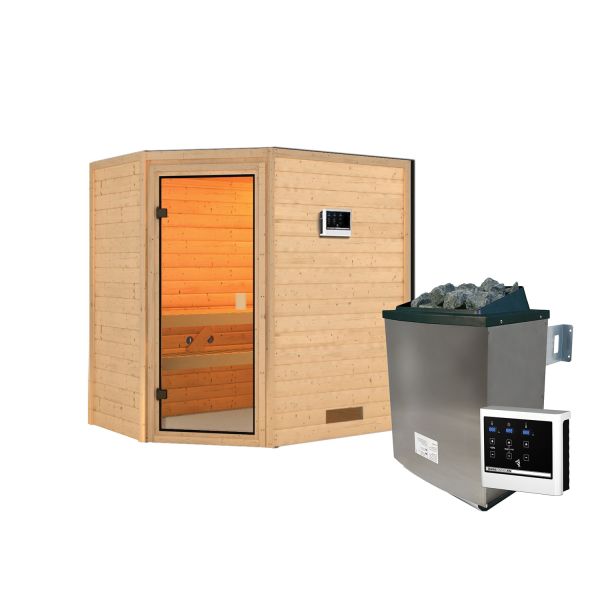 Karibu Sauna Kemi 1 Eck naturbelassen mit Ofen 4,5 kW ext. Strg.