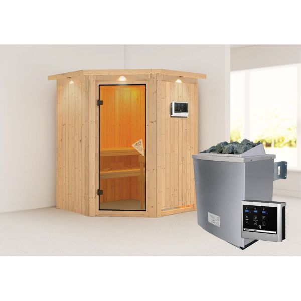 Karibu Sauna Larin mit bronzierter Tür und Kranz Set naturbelassen mit Ofen 4,5 kW ext. Strg. Easy