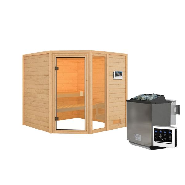 Karibu Sauna Valida 4 Eck naturbelassen mit Fenster & Ofen 9 kW Bio ext. Strg.