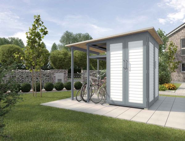 Weka Garten Gerätehaus | Geräteschrank | [Q] Modul Family| seitlicher Anbau offen| grau/weiß