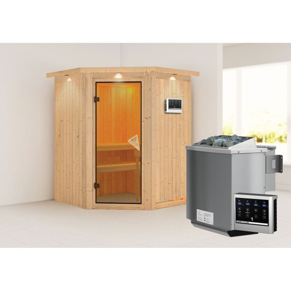 Karibu Sauna Larin mit bronzierter Tür und Kranz Set naturbelassen mit Ofen 4,5 kW Bio ext. Strg.