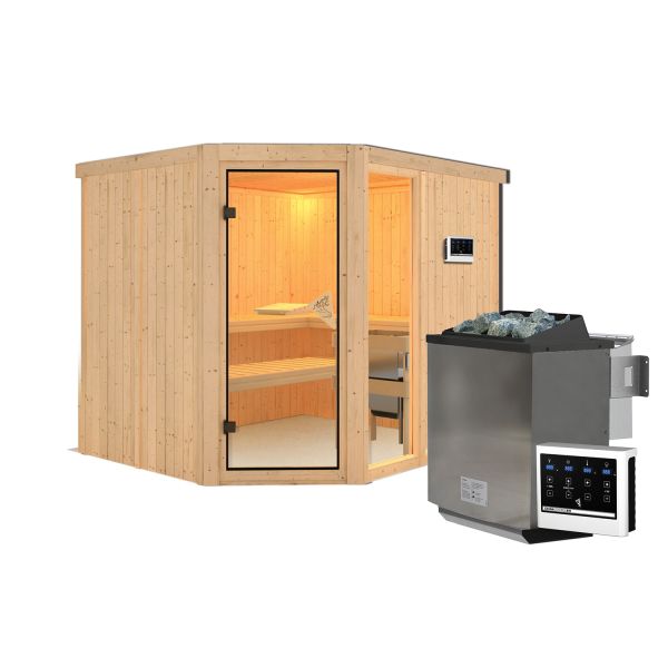 Karibu Sauna Varberg Premium 3 naturbelassen mit Ofen 9 kW Bio ext. Strg.