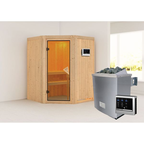 Karibu Sauna Larin mit bronzierter Tür Set naturbelassen mit Ofen 4,5 kW ext. Strg. Easy