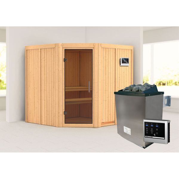 Karibu Sauna Jarin mit graphitfarbener Tür Set naturbelassen mit Ofen 9 kW ext. Strg Easy