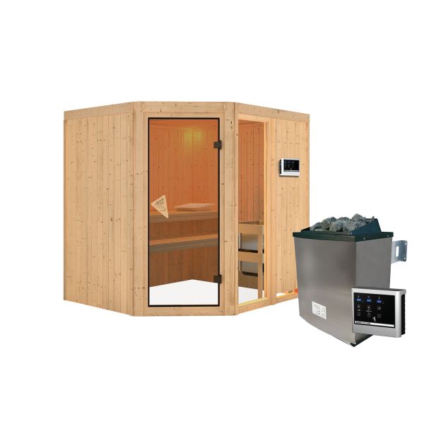 Karibu Sauna Varberg Premium 2 naturbelassen mit Ofen 9 kW ext. Strg.
