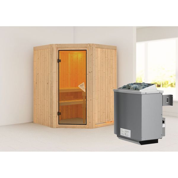 Karibu Sauna Larin mit bronzierter Tür Set naturbelassen mit Ofen 4,5 kW int. Str.