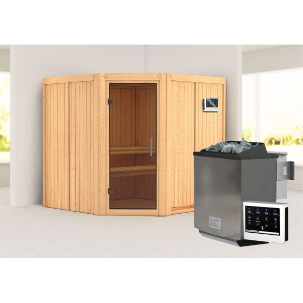 Karibu Sauna Jarin mit graphitfarbener Tür Set naturbelassen mit Ofen 9 kW Bio ext. Strg Easy