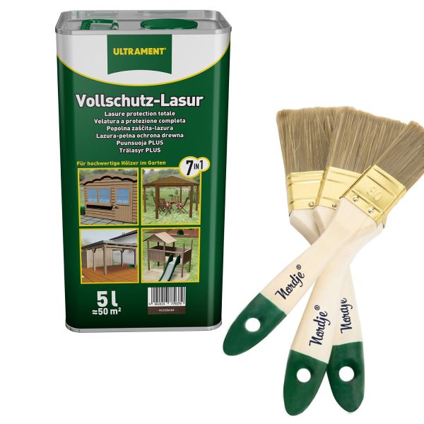 Ultrament Vollschutz-Lasur nussbaum 5 L + Pinsel-Set 3-teilig