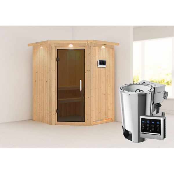 Karibu Sauna Nanja mit graphitfarbener Tür und Kranz Set Ofen 3,6 kW Bio-Ofen externe Strg. Easy