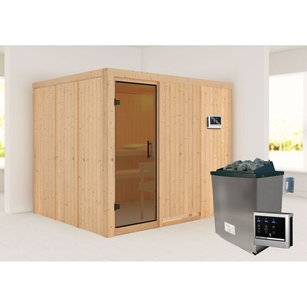 Karibu Sauna Gobin mit graphitfarbener Tür Set naturbelassen mit Ofen 9 kW ext. Strg Easy