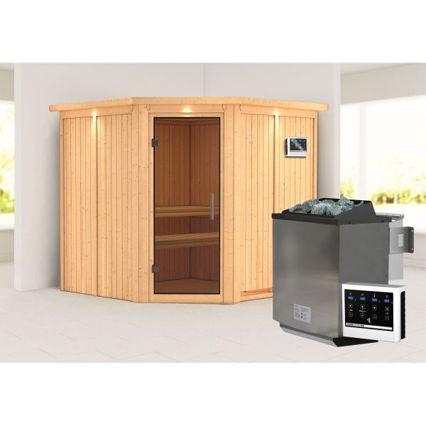 Karibu Sauna Jarin mit Kranz und graphitfarbener Tür Set naturbelassen mit Ofen 9 kW Bio ext. Strg E