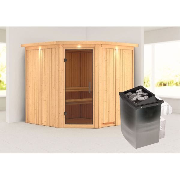 Karibu Sauna Jarin mit Kranz und graphitfarbener Tür Set naturbelassen mit Ofen 9 kW int. Strg