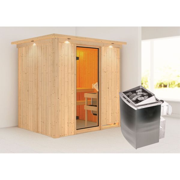 Karibu Sauna Bodin mit bronzierter Tür und Kranz Set naturbelassen mit Ofen 4,5 kW int. Str.