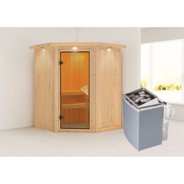 Karibu Sauna Larin mit bronzierter Tür und Kranz Set naturbelassen mit Ofen 4,5 kW int. Str.