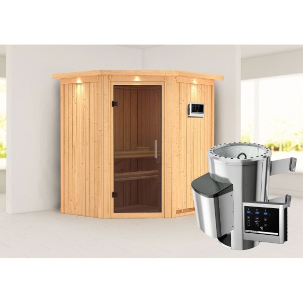 Karibu Sauna Tonja mit graphitfarbener Tür und Kranz Set Ofen 3,6 kW externe Strg.modern