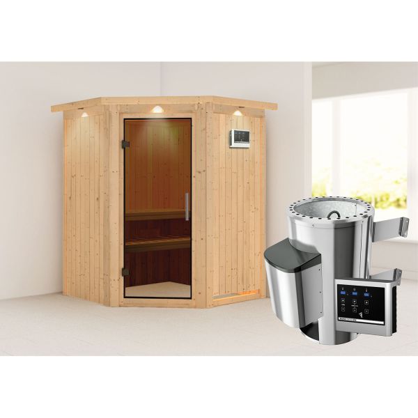 Karibu Sauna Nanja mit graphitfarbener Tür und Kranz Set Ofen 3,6 kW externe Strg.modern