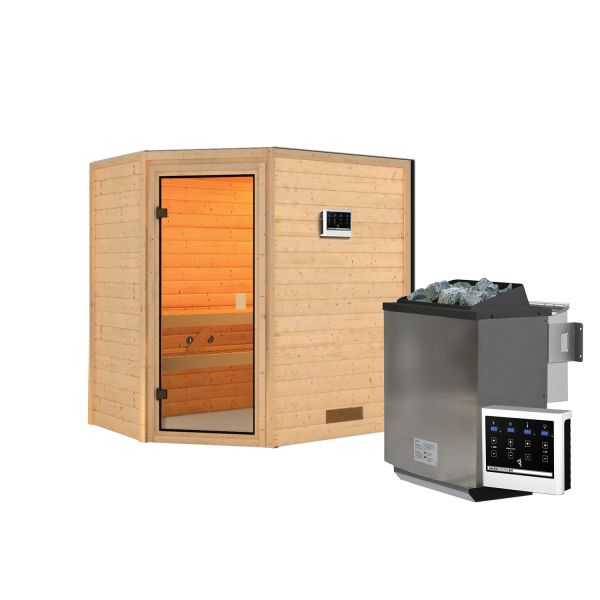 Karibu Sauna Kemi 1 Eck naturbelassen mit Ofen 4,5 kW Bio ext. Strg.