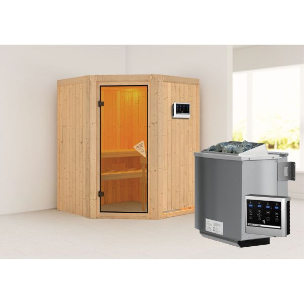 Karibu Sauna Larin mit bronzierter Tür Set naturbelassen mit Ofen 4,5 kW Bio ext. Strg.