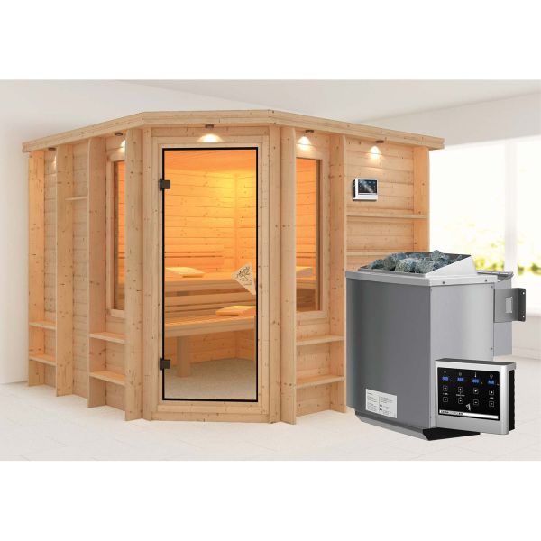 Karibu Sauna Marona Set mit Ofen 9 kW Bio Edelstahl ext. Strg. Easy, ZubehörSet Classic, Sternenhimm