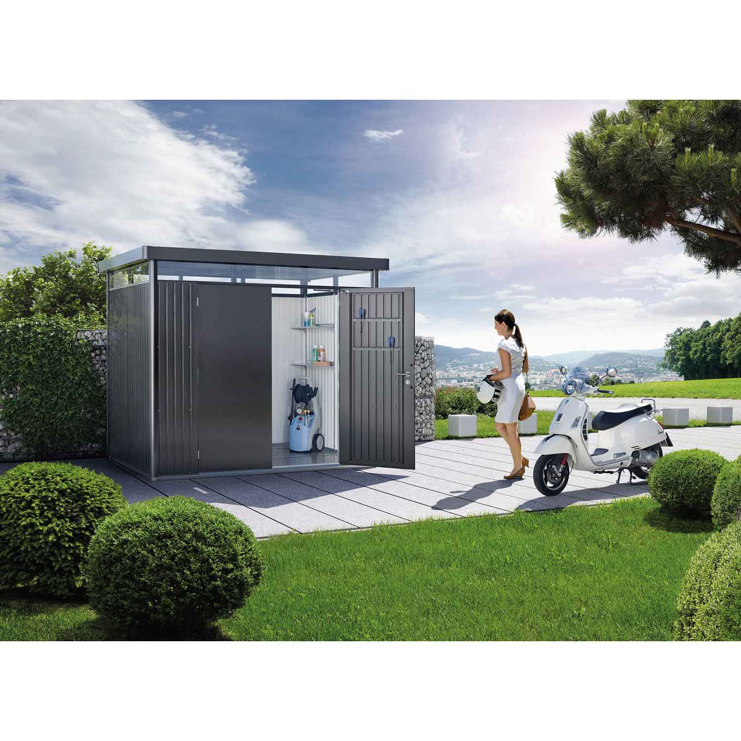 Biohort Gerätehaus HighLine Gr. H1, dunkelgrau-metallic, Doppeltür 1550x2750x2220 mm