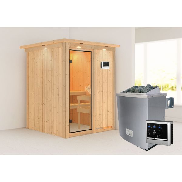 Karibu Sauna Norin mit bronzierter Tür und Kranz Set naturbelassen mit Ofen 4,5 kW ext. Strg. Easy