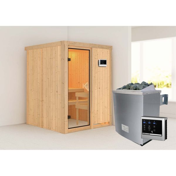 Karibu Sauna Norin mit bronzierter Tür Set naturbelassen mit Ofen 4,5 kW ext. Strg. Easy