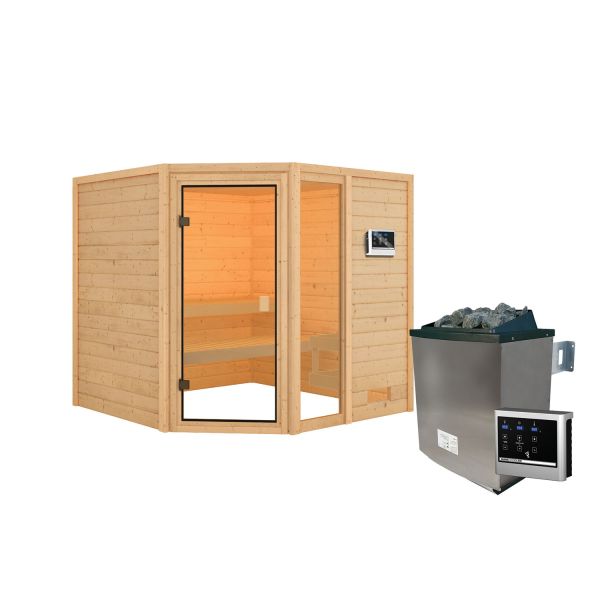 Karibu Sauna Valida 4 Eck naturbelassen mit Fenster & Ofen 9 kW ext. Strg.