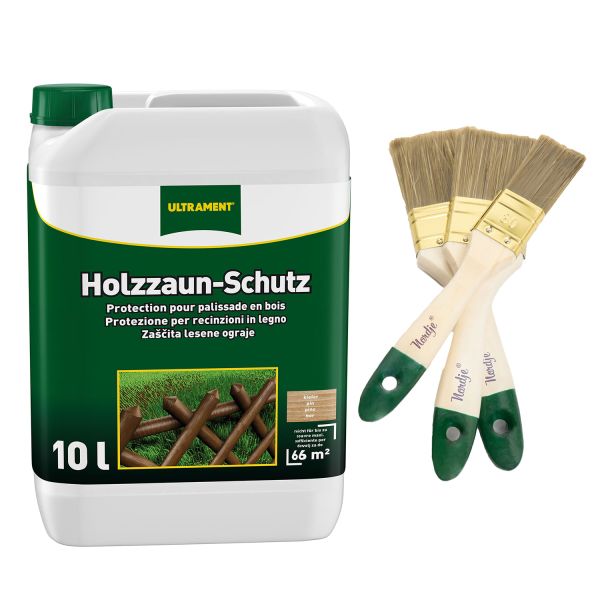 Ultrament Holzzaun-Schutz naturbraun 10 L + Pinsel-Set 3-teilig