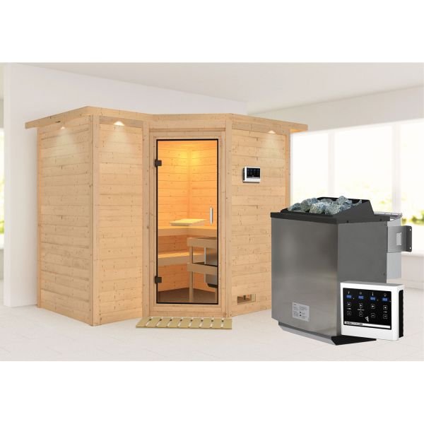 Karibu Sauna Sahib 2 mit Klarglastür und Kranz Set Ofen 9 kW Bio externe Strg easy